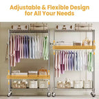3-Tier Rolling Garment Rack - Heavy Duty Metal Clothes Organizer w/ Dual Rods & Shelves