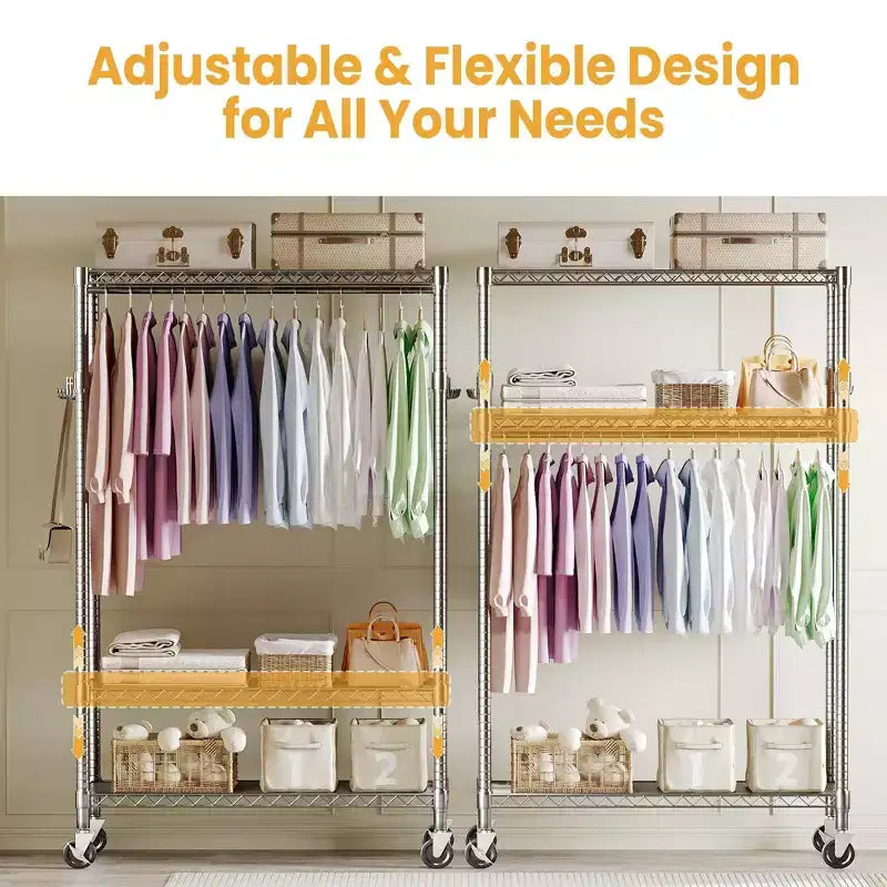 3-Tier Rolling Garment Rack - Heavy Duty Metal Clothes Organizer w/ Dual Rods & Shelves
