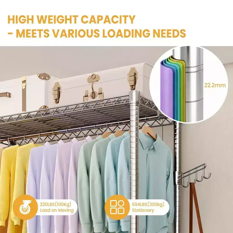 3-Tier Rolling Garment Rack - Heavy Duty Metal Clothes Organizer w/ Dual Rods & Shelves