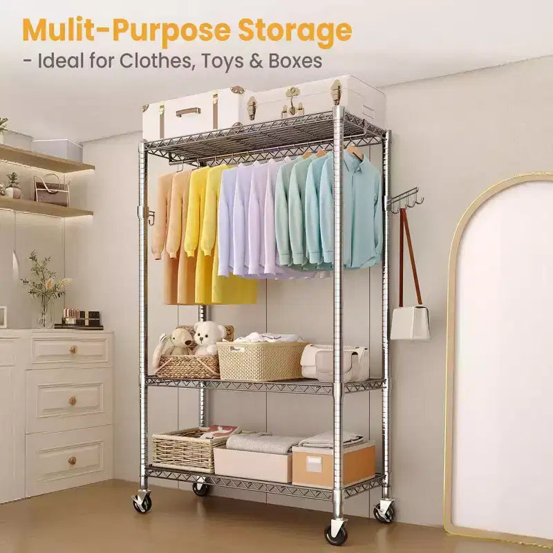 3-Tier Rolling Garment Rack - Heavy Duty Metal Clothes Organizer w/ Dual Rods & Shelves