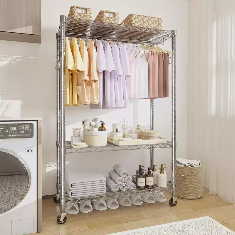 3-Tier Rolling Garment Rack - Heavy Duty Metal Clothes Organizer w/ Dual Rods & Shelves