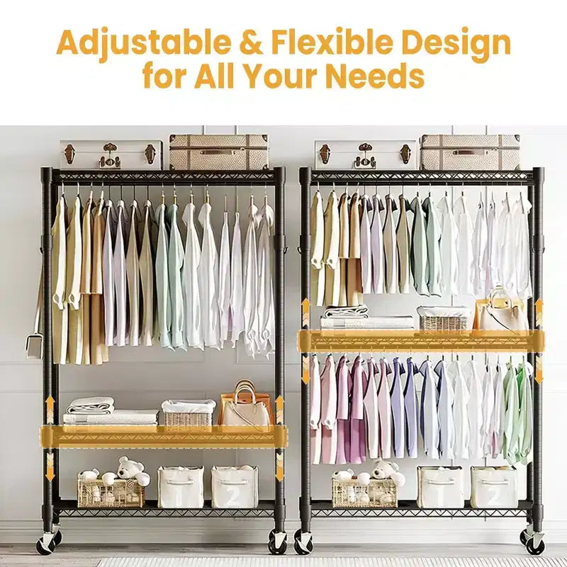 3-Tier Rolling Garment Rack - Heavy Duty Metal Clothes Organizer w/ Dual Rods & Shelves