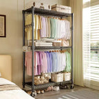 3-Tier Rolling Garment Rack - Heavy Duty Metal Clothes Organizer w/ Dual Rods & Shelves