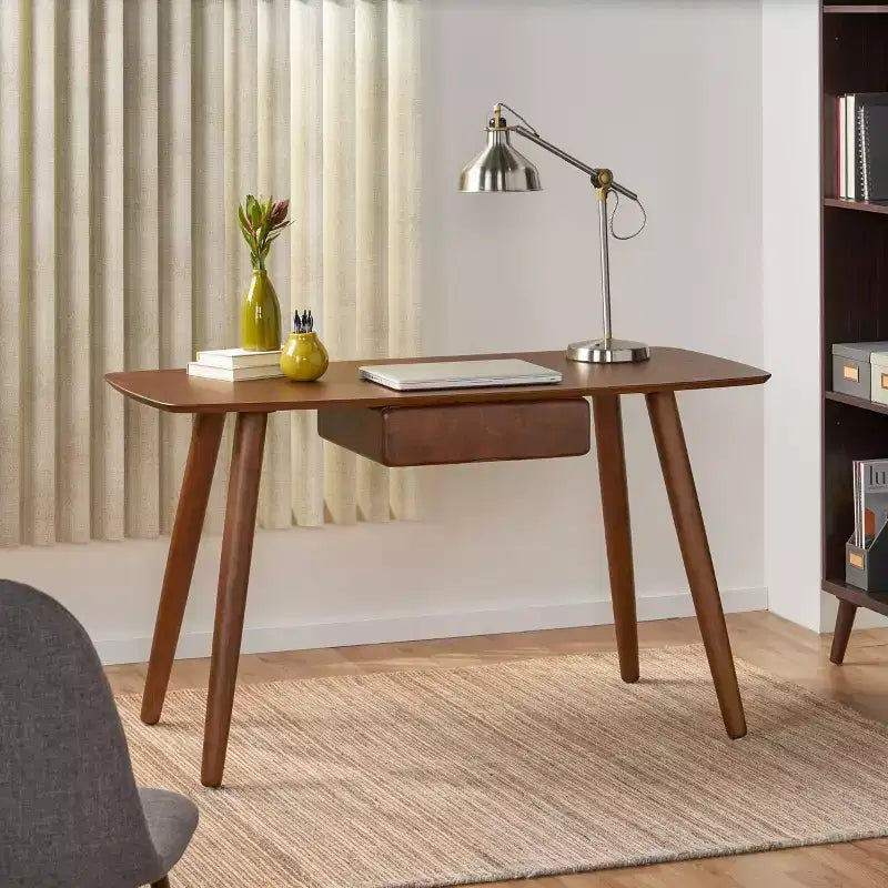 53 Wooden Study Computer Desk, Modern Home Office Desk with 1 Drawer, 4 Wood Legs, Writing Desk for Bedroom, Study, Office, Walnut