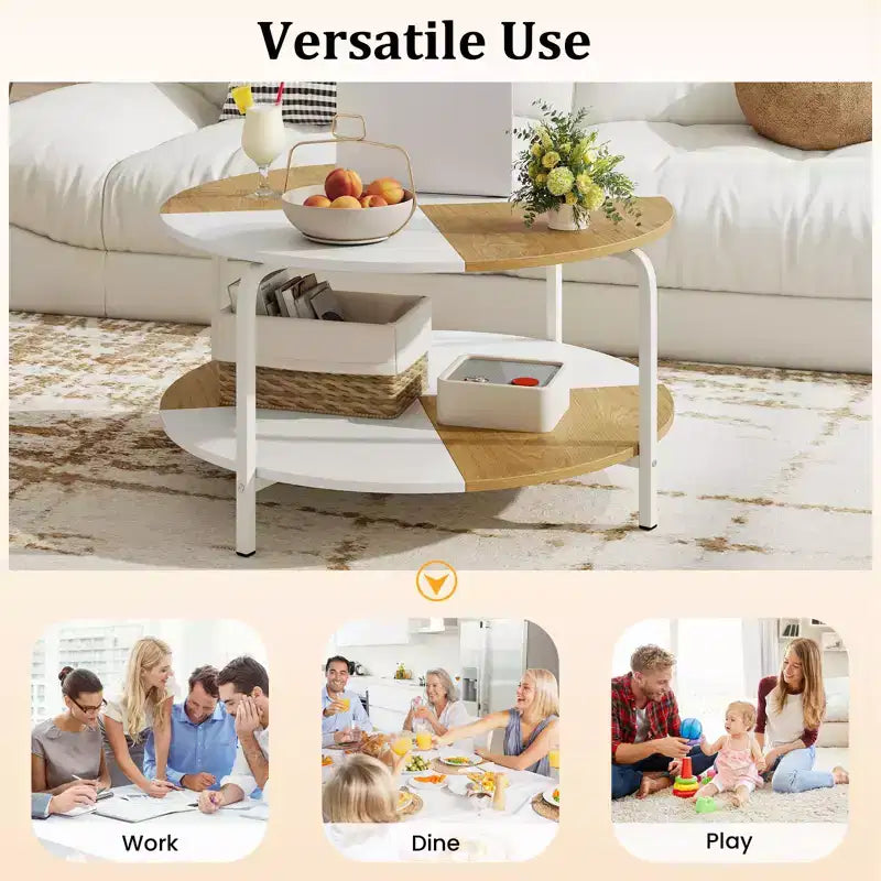 2-Tier Round Coffee Table w/Storage Shelf Metal Frame for Living Room Apartment White & Brown