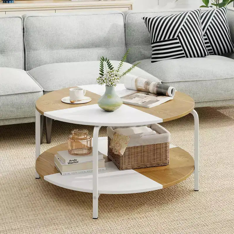 2-Tier Round Coffee Table w/Storage Shelf Metal Frame for Living Room Apartment White & Brown
