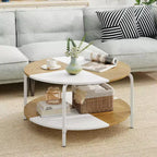 2-Tier Round Coffee Table w/Storage Shelf Metal Frame for Living Room Apartment White & Brown