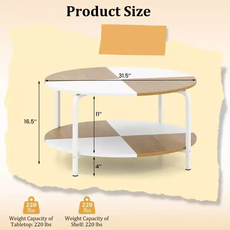 2-Tier Round Coffee Table w/Storage Shelf Metal Frame for Living Room Apartment White & Brown