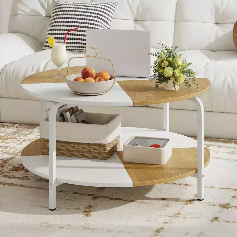 2-Tier Round Coffee Table w/Storage Shelf Metal Frame for Living Room Apartment White & Brown