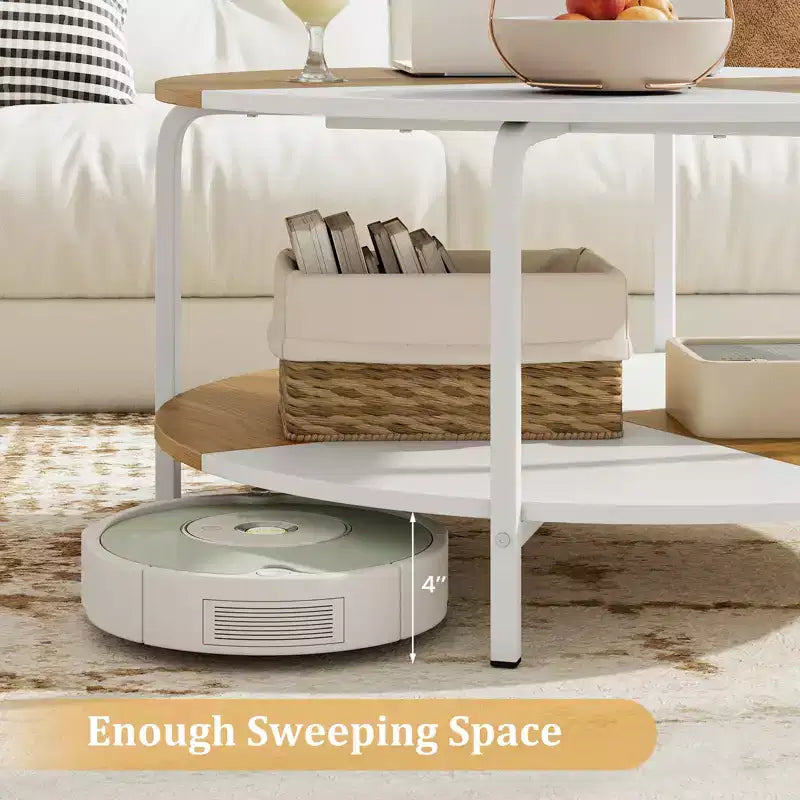2-Tier Round Coffee Table w/Storage Shelf Metal Frame for Living Room Apartment White & Brown