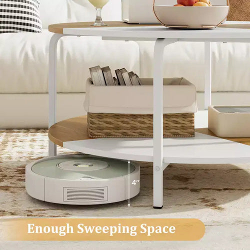 2-Tier Round Coffee Table w/Storage Shelf Metal Frame for Living Room Apartment White & Brown