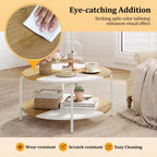 2-Tier Round Coffee Table w/Storage Shelf Metal Frame for Living Room Apartment White & Brown
