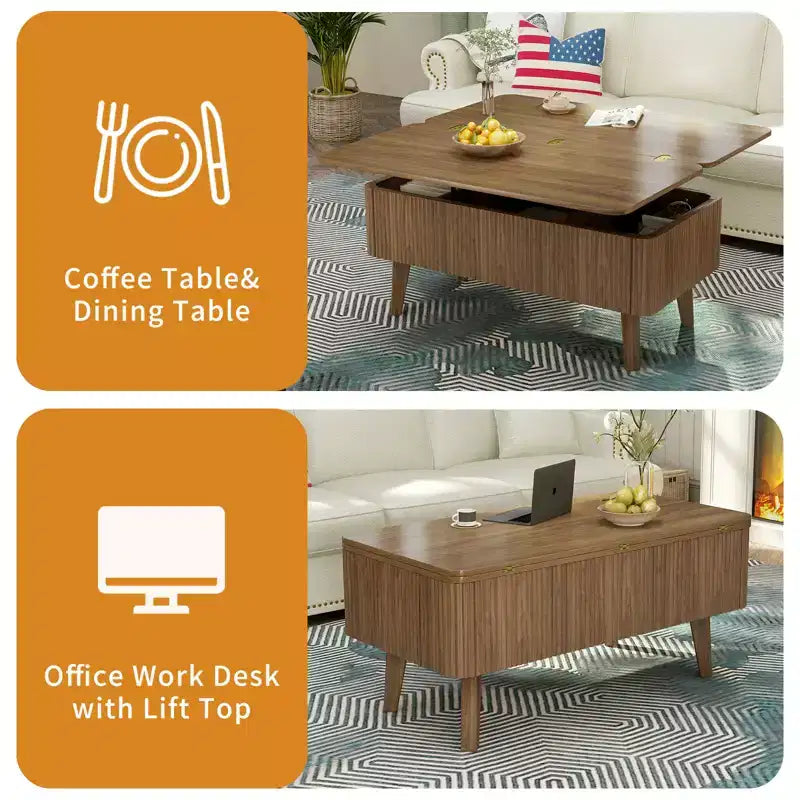 Modern Wooden Rectangular 3 in 1 Lift Top Fluted Coffee Table with Hidden Storage
