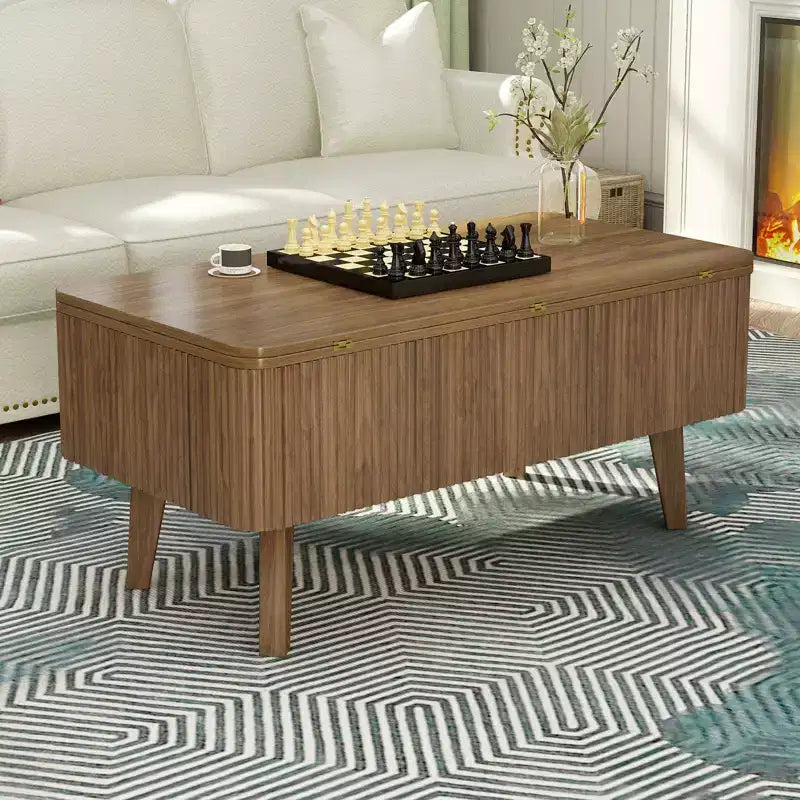 Modern Wooden Rectangular 3 in 1 Lift Top Fluted Coffee Table with Hidden Storage