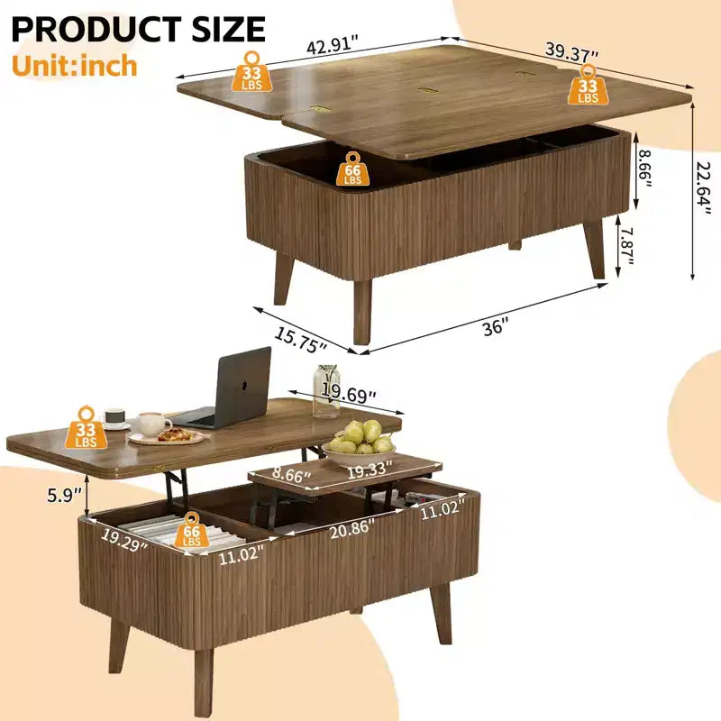 Modern Wooden Rectangular 3 in 1 Lift Top Fluted Coffee Table with Hidden Storage