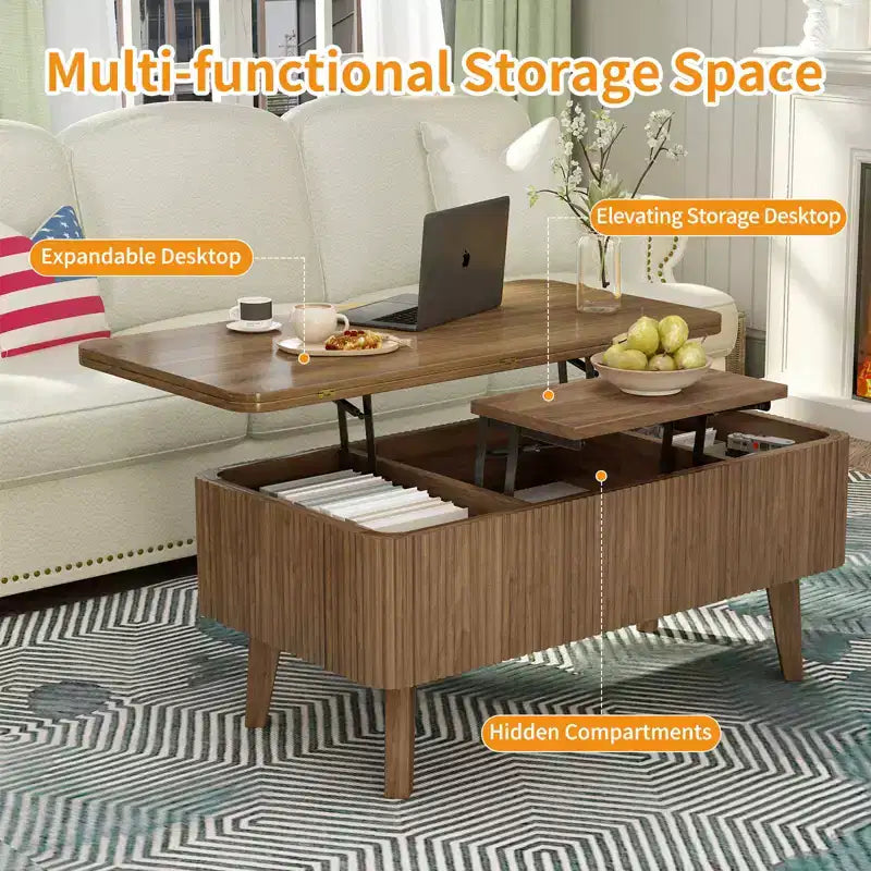 Modern Wooden Rectangular 3 in 1 Lift Top Fluted Coffee Table with Hidden Storage