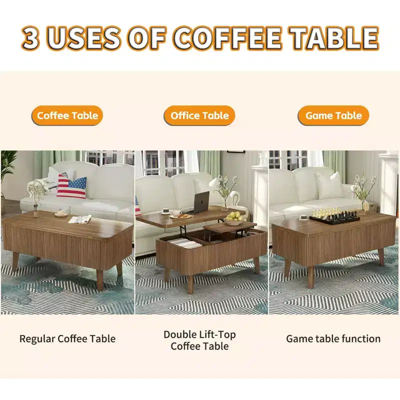 Modern Wooden Rectangular 3 in 1 Lift Top Fluted Coffee Table with Hidden Storage