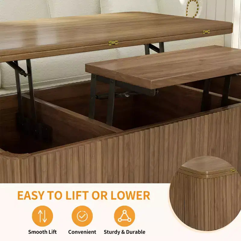 Modern Wooden Rectangular 3 in 1 Lift Top Fluted Coffee Table with Hidden Storage