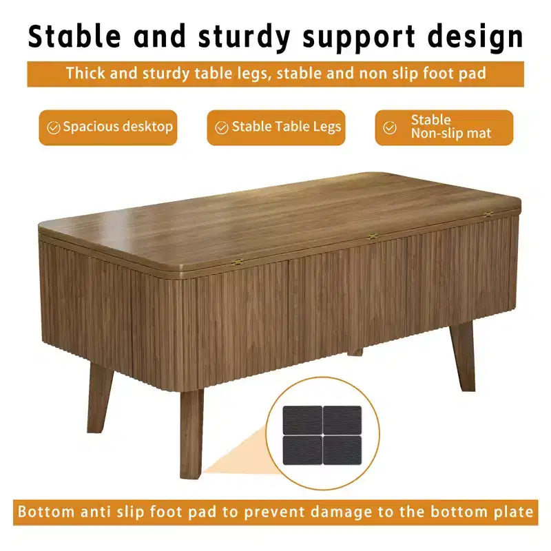 Modern Wooden Rectangular 3 in 1 Lift Top Fluted Coffee Table with Hidden Storage