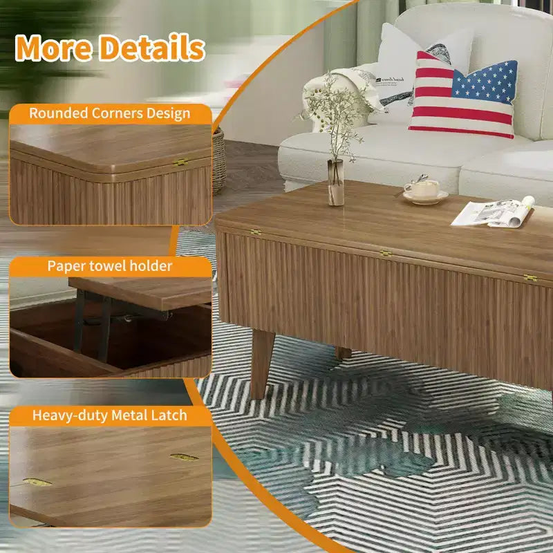 Modern Wooden Rectangular 3 in 1 Lift Top Fluted Coffee Table with Hidden Storage