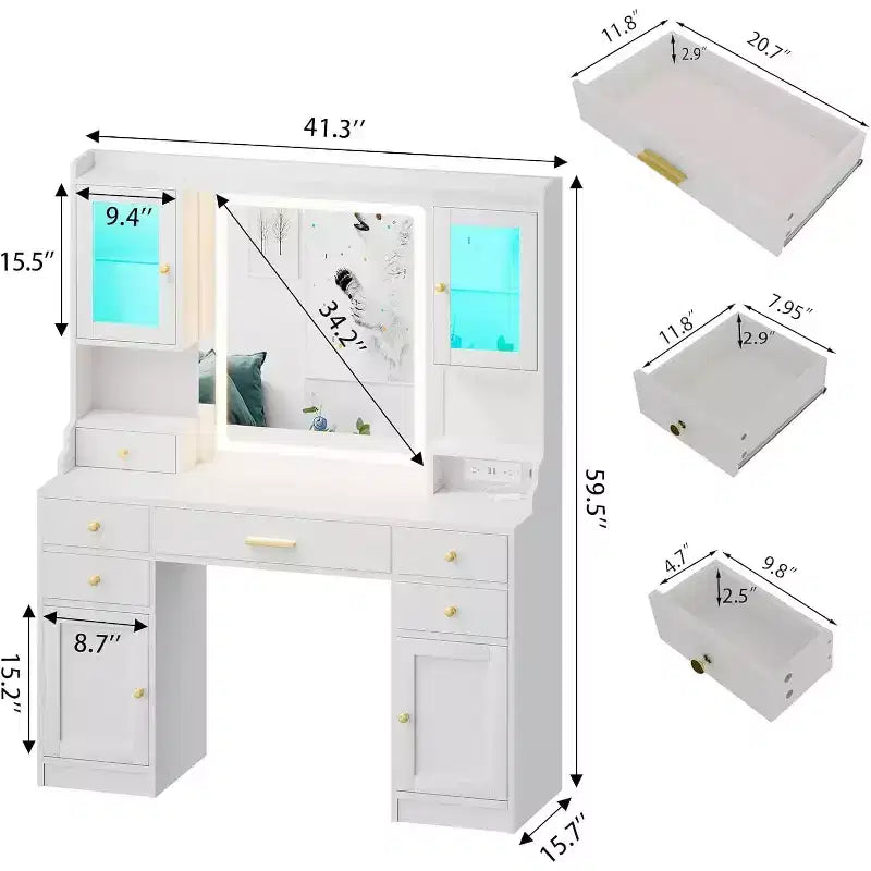 Makeup Vanity Desk with Mirror and Set with RGB Cabinets and Drawers 3 LED Light Modes