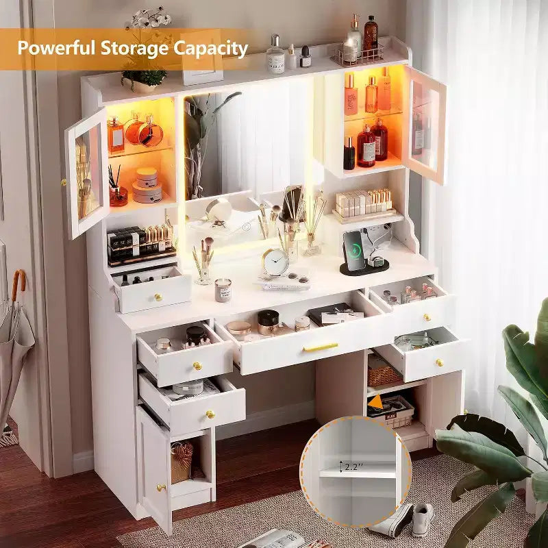 Makeup Vanity Desk with Mirror and Set with RGB Cabinets and Drawers 3 LED Light Modes