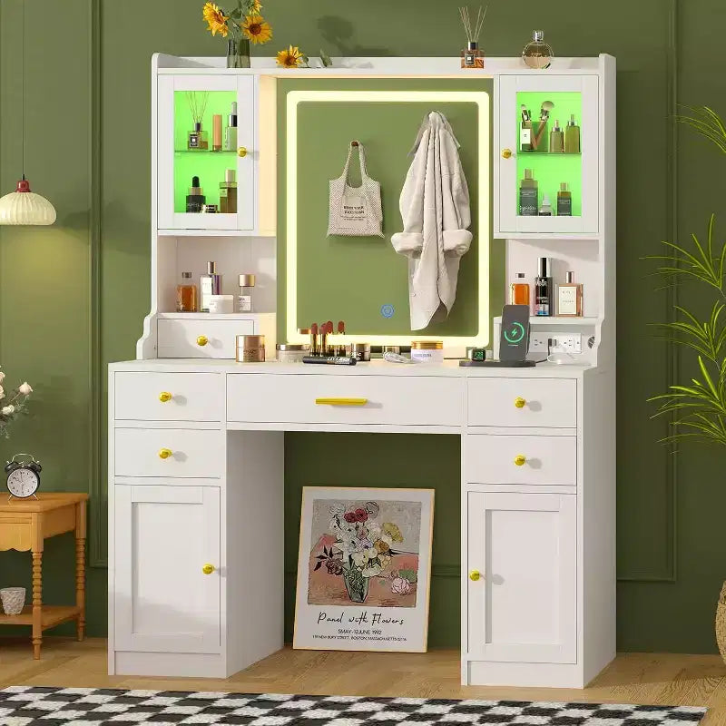 Makeup Vanity Desk with Mirror and Set with RGB Cabinets and Drawers 3 LED Light Modes