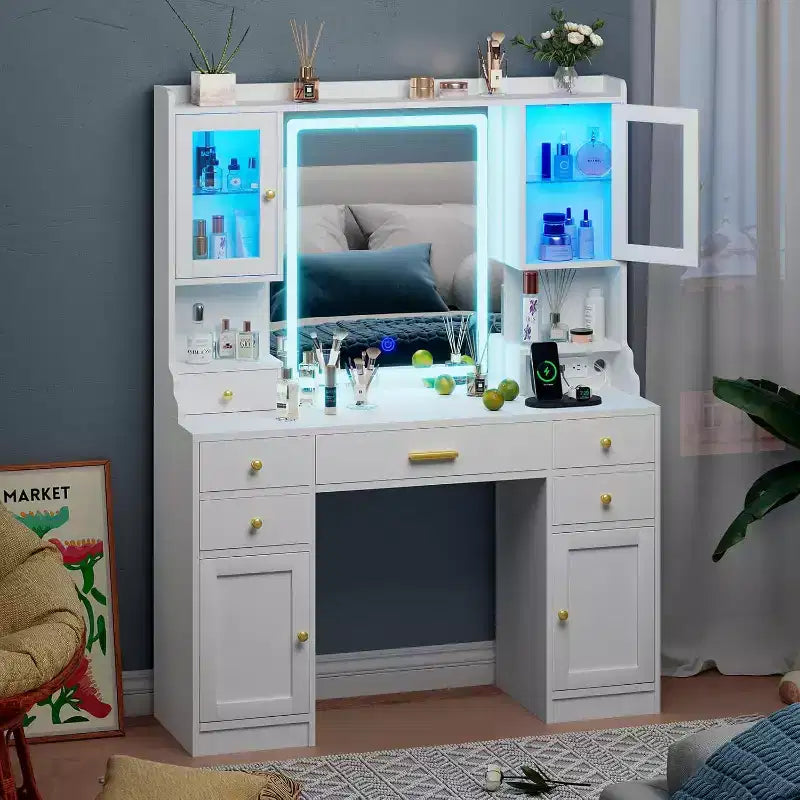 Makeup Vanity Desk with Mirror and Set with RGB Cabinets and Drawers 3 LED Light Modes
