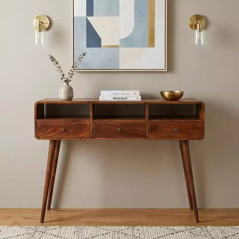 51 Chestnut Solid Wood Console Table With Three Shelves And Three Drawers
