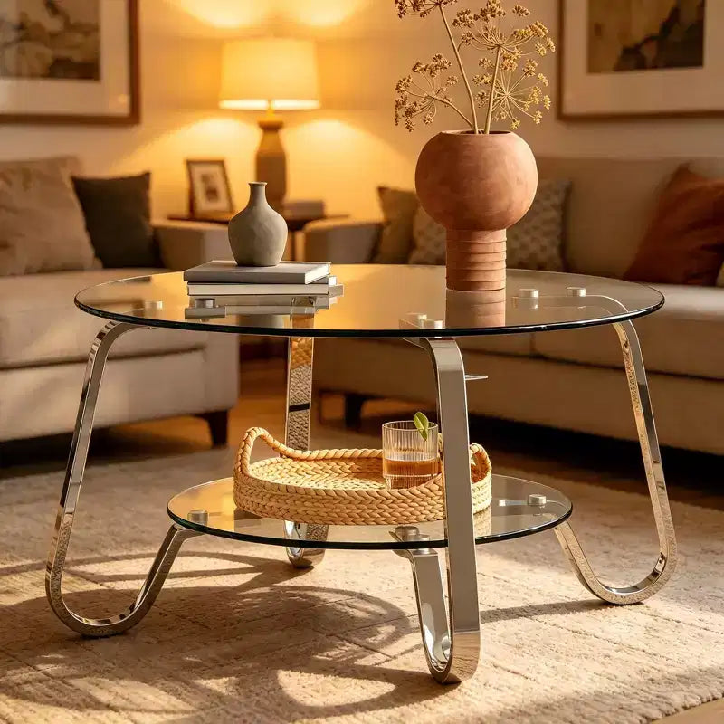 Retro Metal Frame Double-Layer Tempered Glass Coffee Table