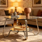 Retro Metal Frame Double-Layer Tempered Glass Coffee Table