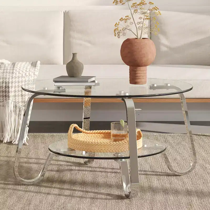 Retro Metal Frame Double-Layer Tempered Glass Coffee Table