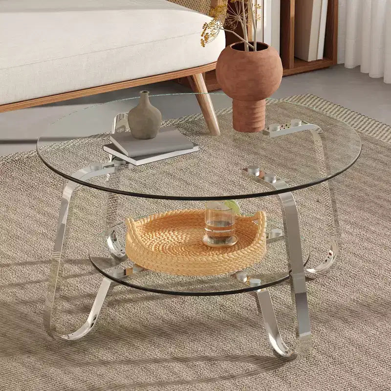Retro Metal Frame Double-Layer Tempered Glass Coffee Table