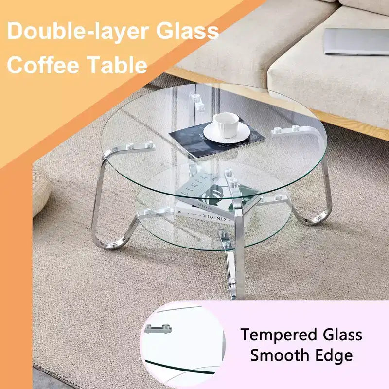 Retro Metal Frame Double-Layer Tempered Glass Coffee Table