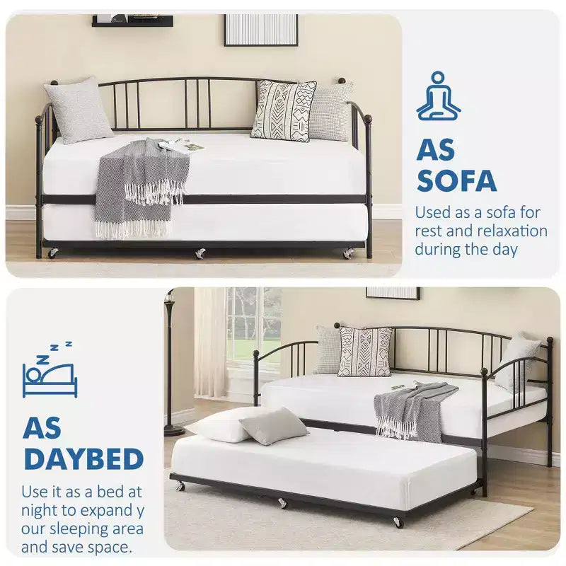 Twin Daybed Sofa with Trundle, Metal Frame Arched Headboard, Platform Bed No Box Spring Needed for Bedroom Living Room