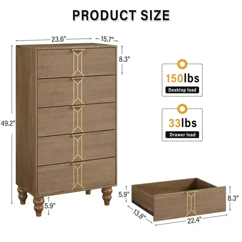 5 Drawers Dresser  Modern Wooden Tall Dresser with Deep Drawers, Storage Cabinet for Bedroom, Living Room, Hallway, Entryway  Easy Assembly