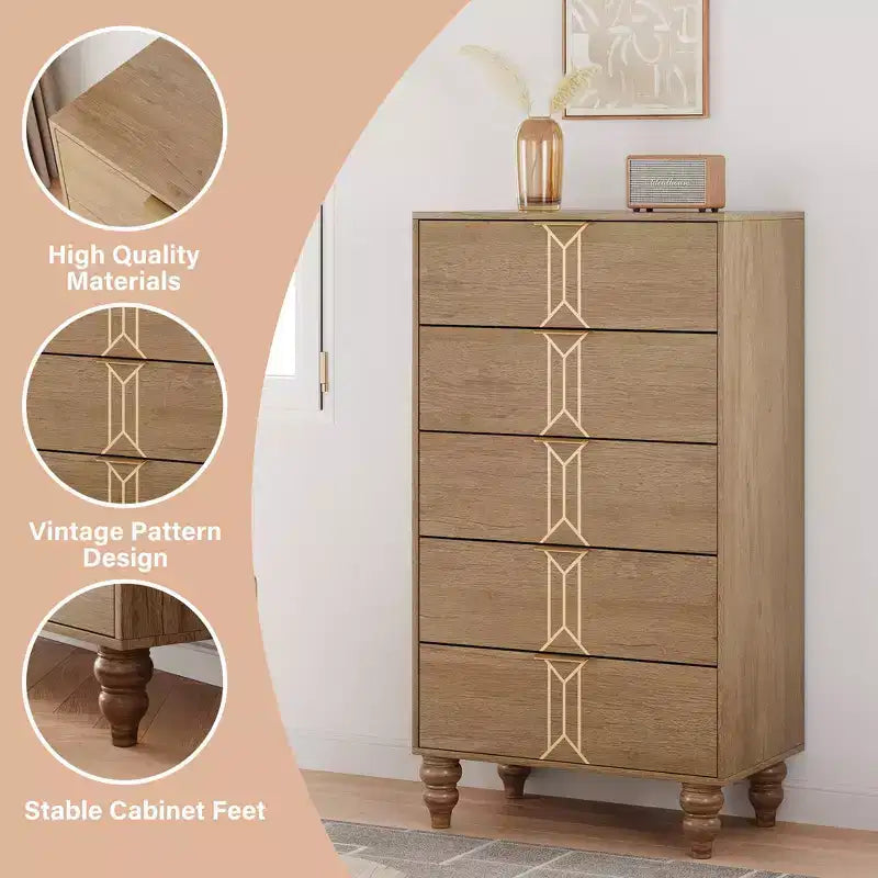 5 Drawers Dresser  Modern Wooden Tall Dresser with Deep Drawers, Storage Cabinet for Bedroom, Living Room, Hallway, Entryway  Easy Assembly