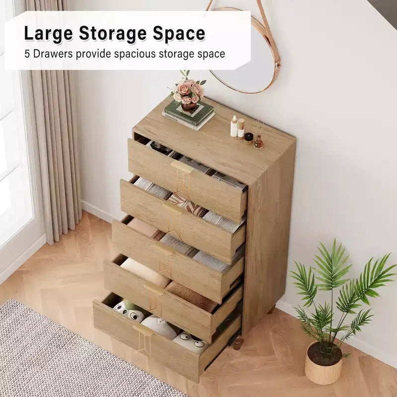 5 Drawers Dresser  Modern Wooden Tall Dresser with Deep Drawers, Storage Cabinet for Bedroom, Living Room, Hallway, Entryway  Easy Assembly