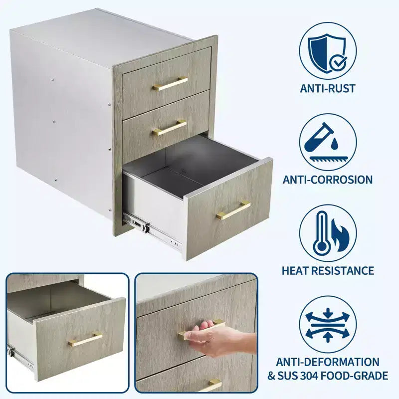 Stainless Steel Triple Drawer Storage Cabinet for Outdoor Kitchen  Heavy Duty, Weather-Resistant, Flush Mount Organizer with Handles, for BBQ Island