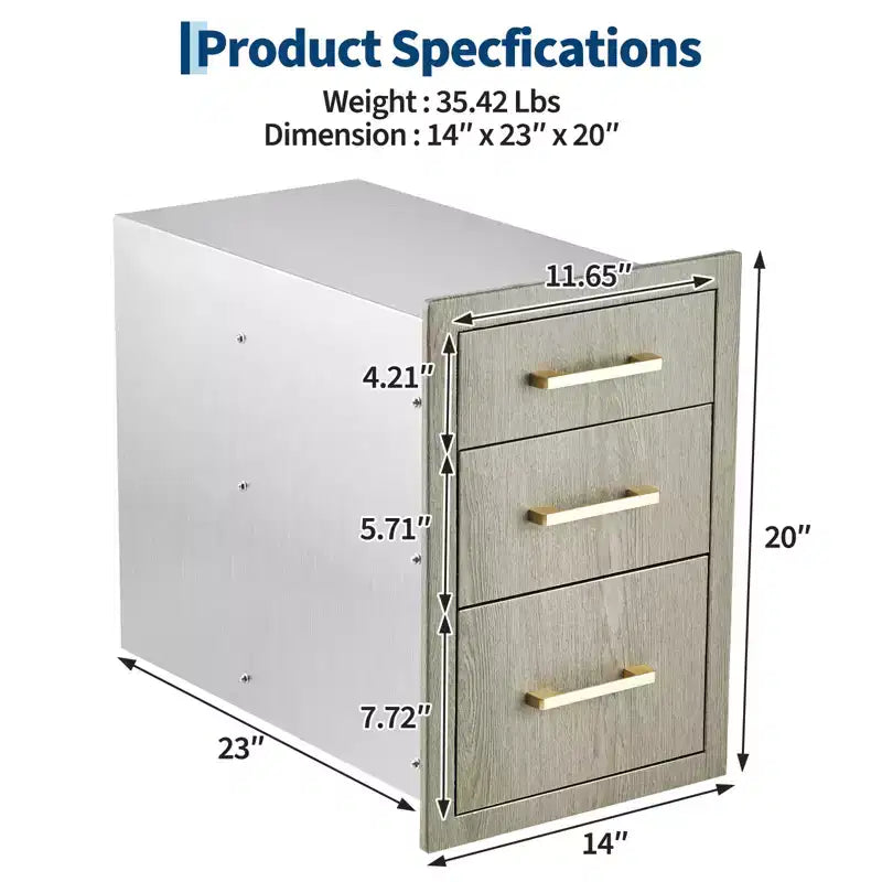 Stainless Steel Triple Drawer Storage Cabinet for Outdoor Kitchen  Heavy Duty, Weather-Resistant, Flush Mount Organizer with Handles, for BBQ Island