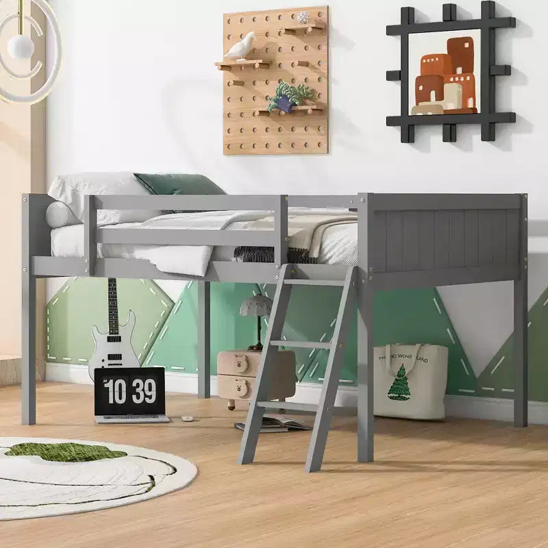 Full Size Loft Bed With Ladder, Easy Assembly, Gray