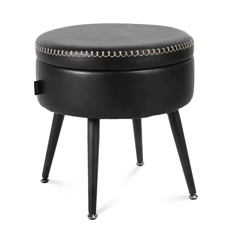 Storage Ottoman & Vanity Stool - Synthetic Leather Round Seat with Stitching, 330 Lb Capacity Steel Legs, Footrest & Bedroom Bench, Black