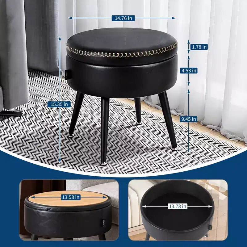 Storage Ottoman & Vanity Stool - Synthetic Leather Round Seat with Stitching, 330 Lb Capacity Steel Legs, Footrest & Bedroom Bench, Black