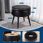 Storage Ottoman & Vanity Stool - Synthetic Leather Round Seat with Stitching, 330 Lb Capacity Steel Legs, Footrest & Bedroom Bench, Black