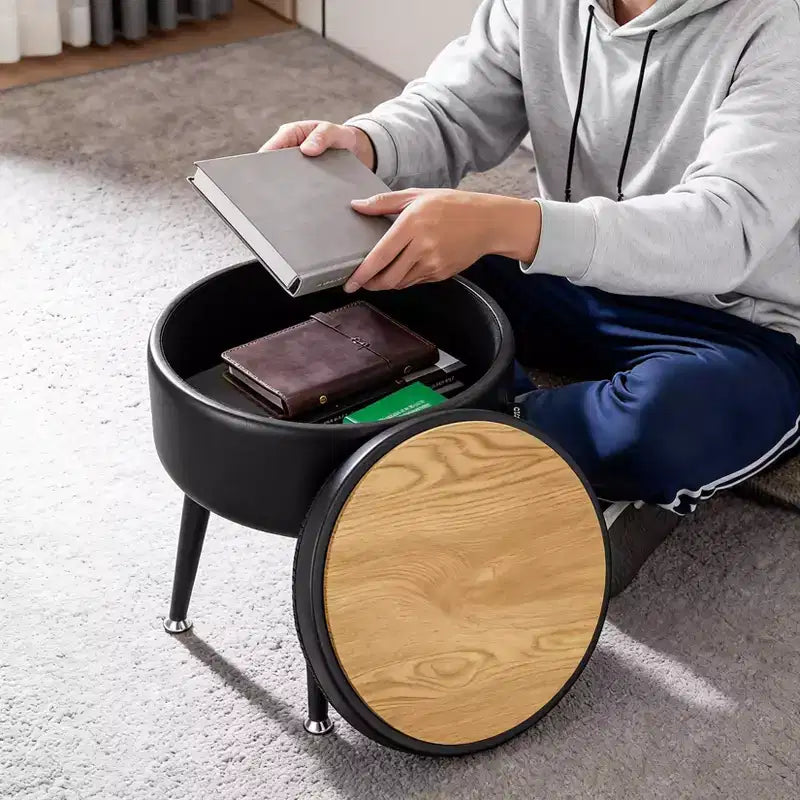 Storage Ottoman & Vanity Stool - Synthetic Leather Round Seat with Stitching, 330 Lb Capacity Steel Legs, Footrest & Bedroom Bench, Black