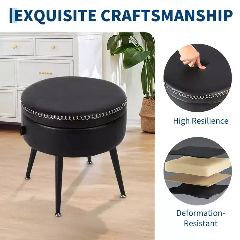 Storage Ottoman & Vanity Stool - Synthetic Leather Round Seat with Stitching, 330 Lb Capacity Steel Legs, Footrest & Bedroom Bench, Black