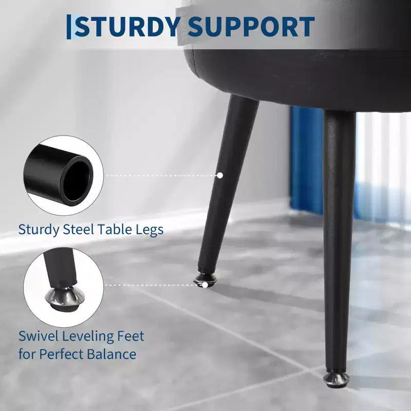 Storage Ottoman & Vanity Stool - Synthetic Leather Round Seat with Stitching, 330 Lb Capacity Steel Legs, Footrest & Bedroom Bench, Black