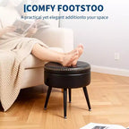 Storage Ottoman & Vanity Stool - Synthetic Leather Round Seat with Stitching, 330 Lb Capacity Steel Legs, Footrest & Bedroom Bench, Black