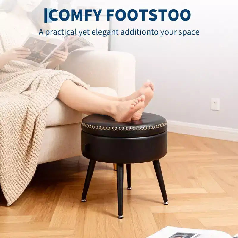 Storage Ottoman & Vanity Stool - Synthetic Leather Round Seat with Stitching, 330 Lb Capacity Steel Legs, Footrest & Bedroom Bench, Black