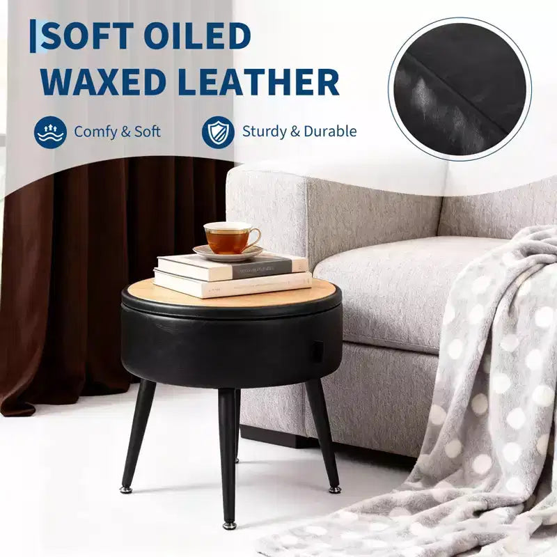 Storage Ottoman & Vanity Stool - Synthetic Leather Round Seat with Stitching, 330 Lb Capacity Steel Legs, Footrest & Bedroom Bench, Black